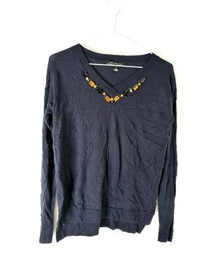 Ann Taylor Midnight Navy Italian Merino Wool Jewel V Neck Sweater Embellished